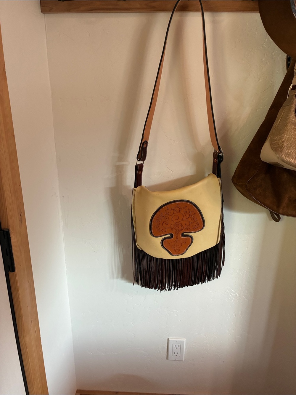 Genuine leather Cream and Brown Fringe Crossbody Bag with Decorative Appliqué